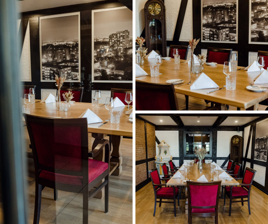 ein uriger Raum mit Fachwerk und einem eingedeckten Tisch; 3 Fotos nebeneinander, welche die Kornkammer abbilden