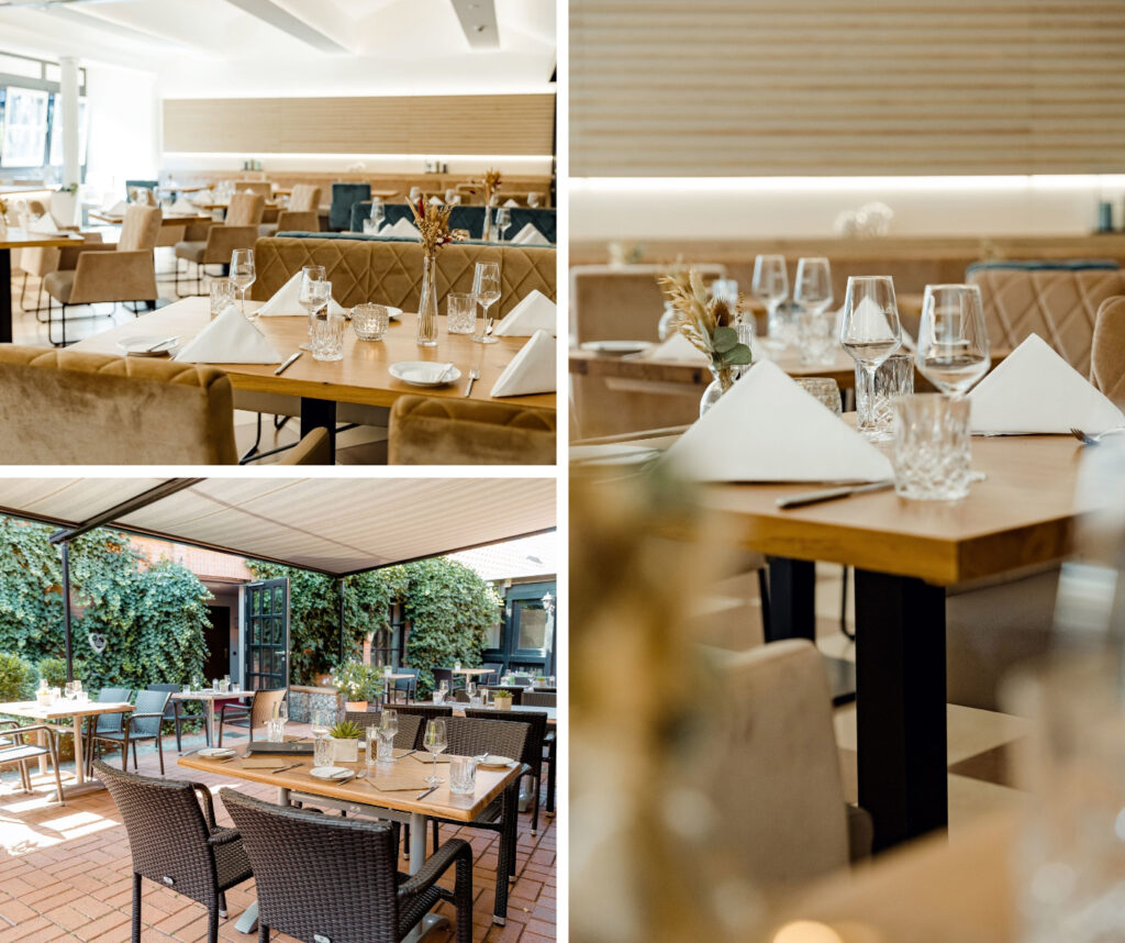 drei Bilder nebeneinander mit unterschiedlichen Motiven, welche die Mühlenstube und das Atrium abbilden.