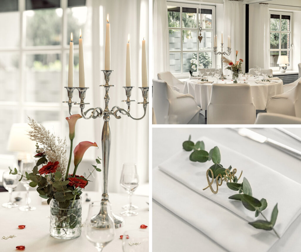 festlich dekorierter Raum in drei unterschiedlichen Aufnahmen, auf einer Aufnahme ist ein Eukalyptuszweik auf einer Serviette abgebildet